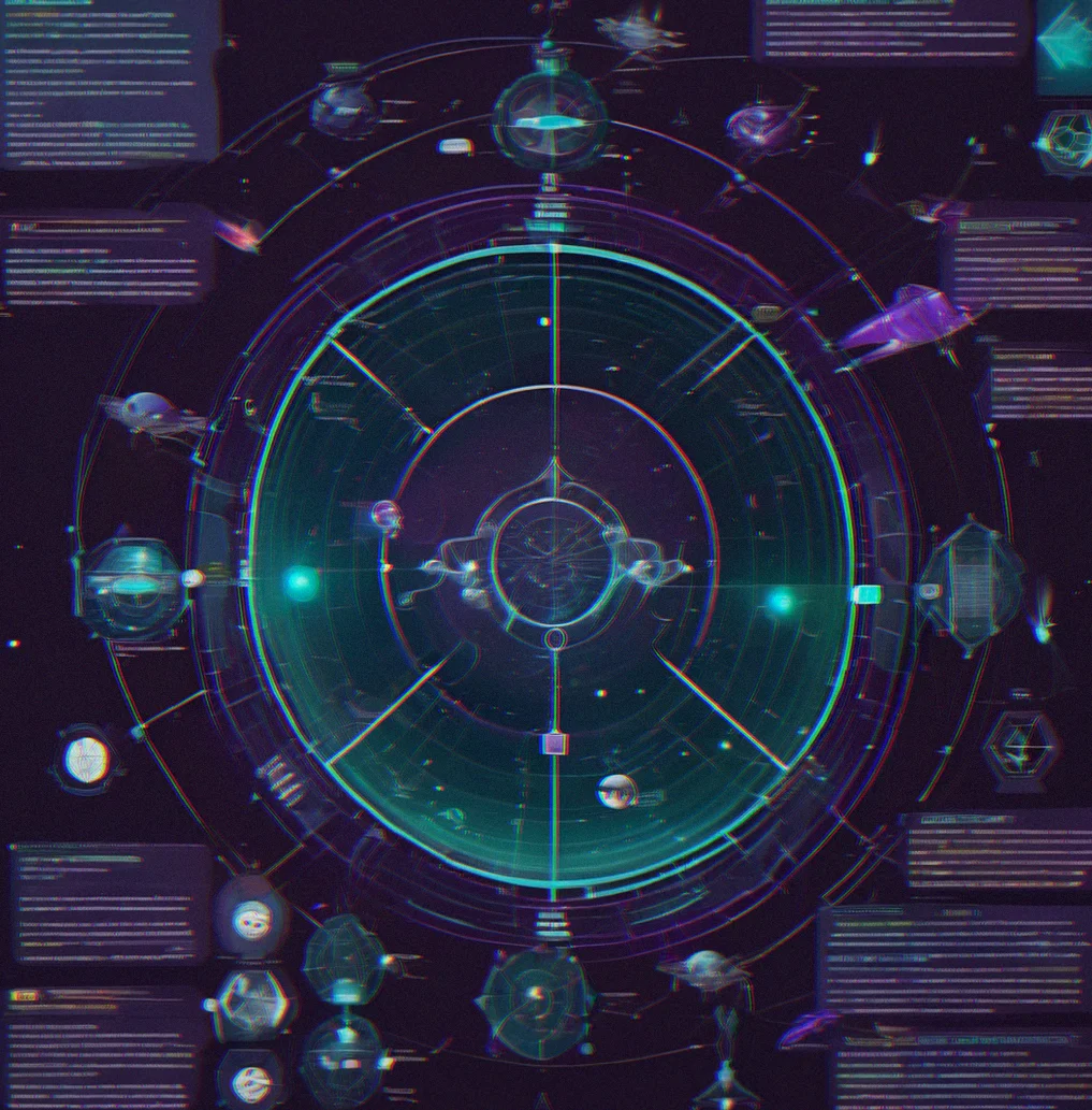 Celestial Collective orbital grid showing three lanes with line-of-sight connections between allied star stations