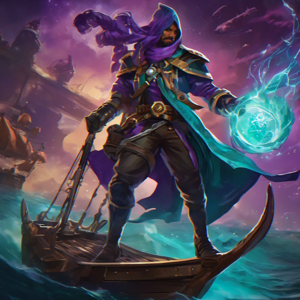 Rogue Corsair vessel mid-plunder, stealing a card from opponent's deck library with crackling energy tendrils